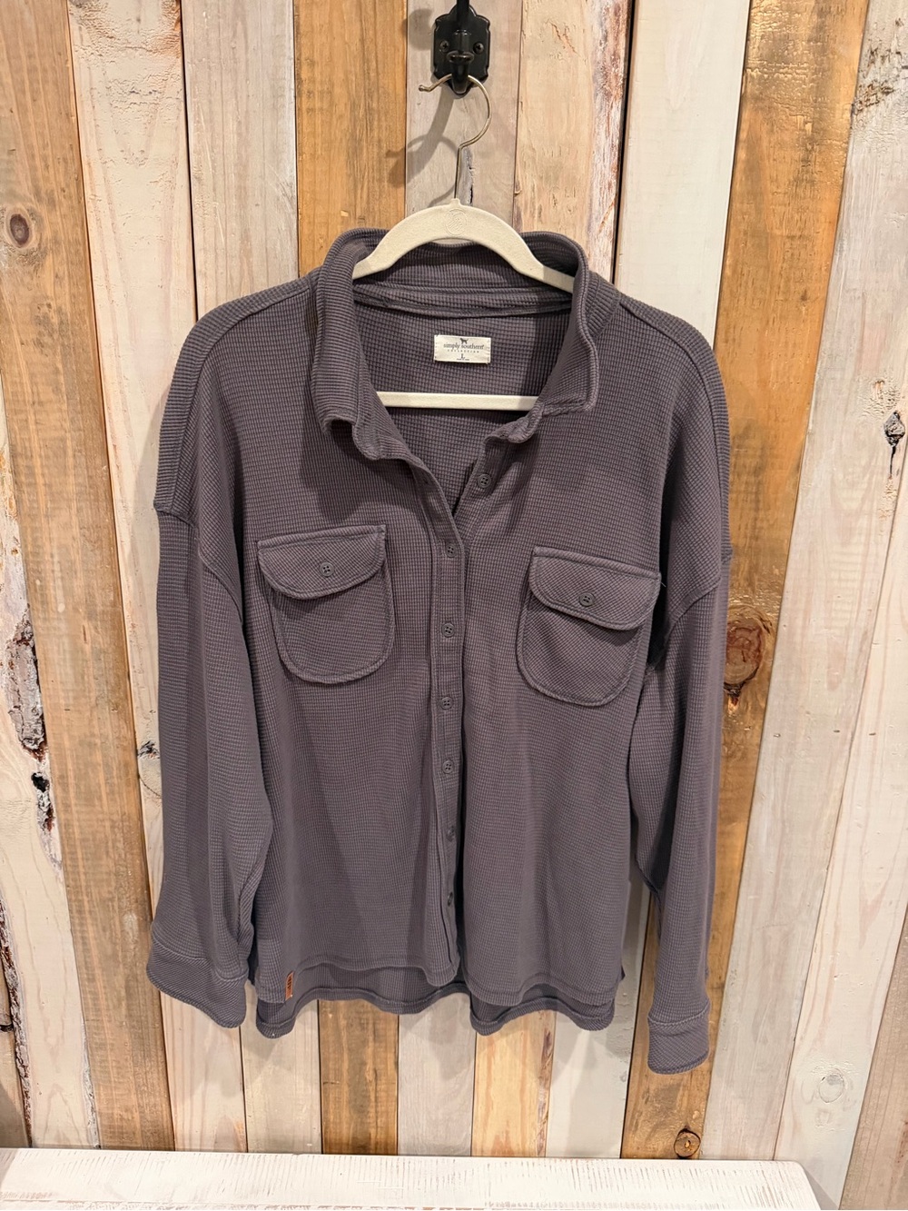 Simply Southern Shacket Womens L Gray Waffle Knit Button Long Sleeve Oversized